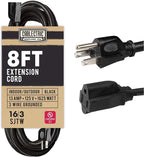 8 Foot Outdoor Extension Cord - 16/3 SJTW Black 16 Gauge Electrical Cable with 3 Prong Grounded Plug