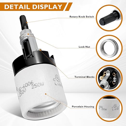 E26 Porcelain Lamp Socket with Rotary Knob Switch - High Temperature Resistance, UL Listed, 250V 250W for Safe Lighting Replacements (1 Pack)