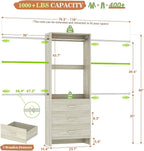 Aheaplus Closet System, Closet Organizer with 3 Wooden Drawers, Closet Organizer System, Walk-in Closet Wardrobe Clothes Rack with 4 Hanging Rods, Garment Rack, -4R,White Oak