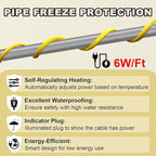 25 Ft Pipe Heat Cable for Water Pipe Freeze Protection, Self-Regulating Heat Tape for Metal and Plastic Pipes, Anti-Freeze Pipe Heating Trace System 6W/Ft 120V