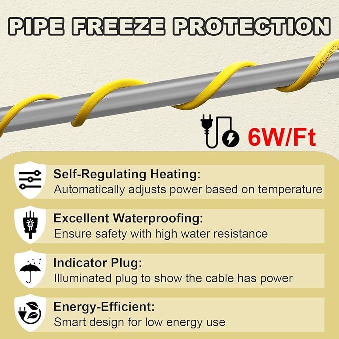 12 Ft Pipe Heat Cable for Water Pipe Freeze Protection, Self-Regulating Heat Tape for Metal and Plastic Pipes, Anti-Freeze Pipe Heating Trace System 6W/Ft 120V