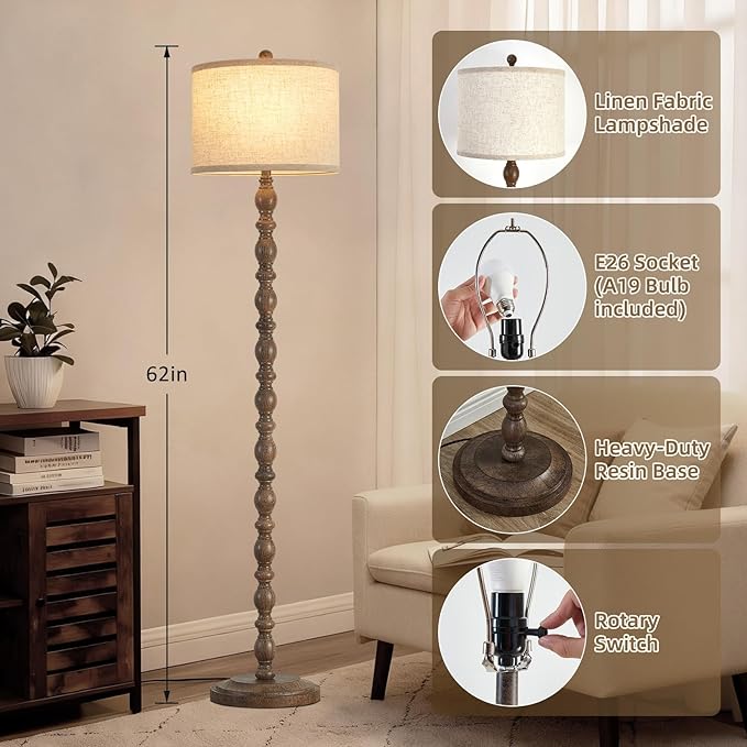 Luvkczc 62" Floor Lamp,3-Color Temperature Farmhouse Standing Lamp, Retro Rustic Tall Floor Lamps with Rotary Switch, Resin Standing Lamp for for Living Room,Bedroom,House, Office(Grayish Brown)