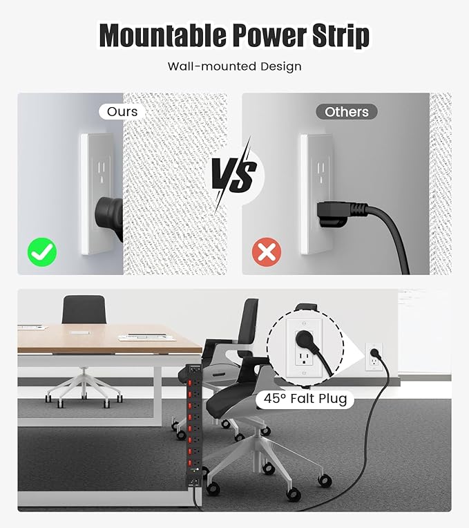 Heavy Duty Power Strip with Individual Switches,8 Outlets 14 Gauge Industrial Shop Garage Metal Multiple Outlets,1200J Surge Protector Mountable Power Strip (Black, 25 FT)