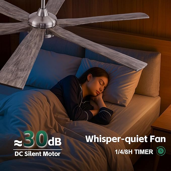 60" Indoor Outdoor Ceiling Fan with Light Remote - 6 Solid Wood Blades, High CFM Quiet Reversible Energy Efficient DC Motor, 6/12/24" Down-rod, Damp-rated for Patios Porch Gazebo Garage, Modern Gray