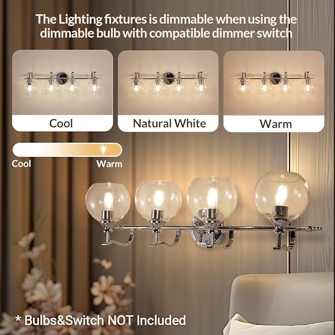 ANDY STAR 4-Light Bathroom Vanity Light, Chrome Wall Sconce, Anti-Rust Metal Bathroom Light with Hight-Quality Clear Glass, Bath Wall Lamp for Mirror, Kitchen, Living Room, Bedroom, Hallway, 30.5"