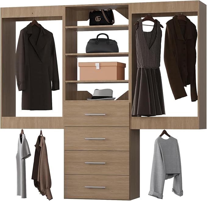 Modular Closet, 84" Wide Organizer with Hanging & Drawers, Wood Tower Storage for Walk In Closets, Wall Mounted Wardrobe Organizer Kit