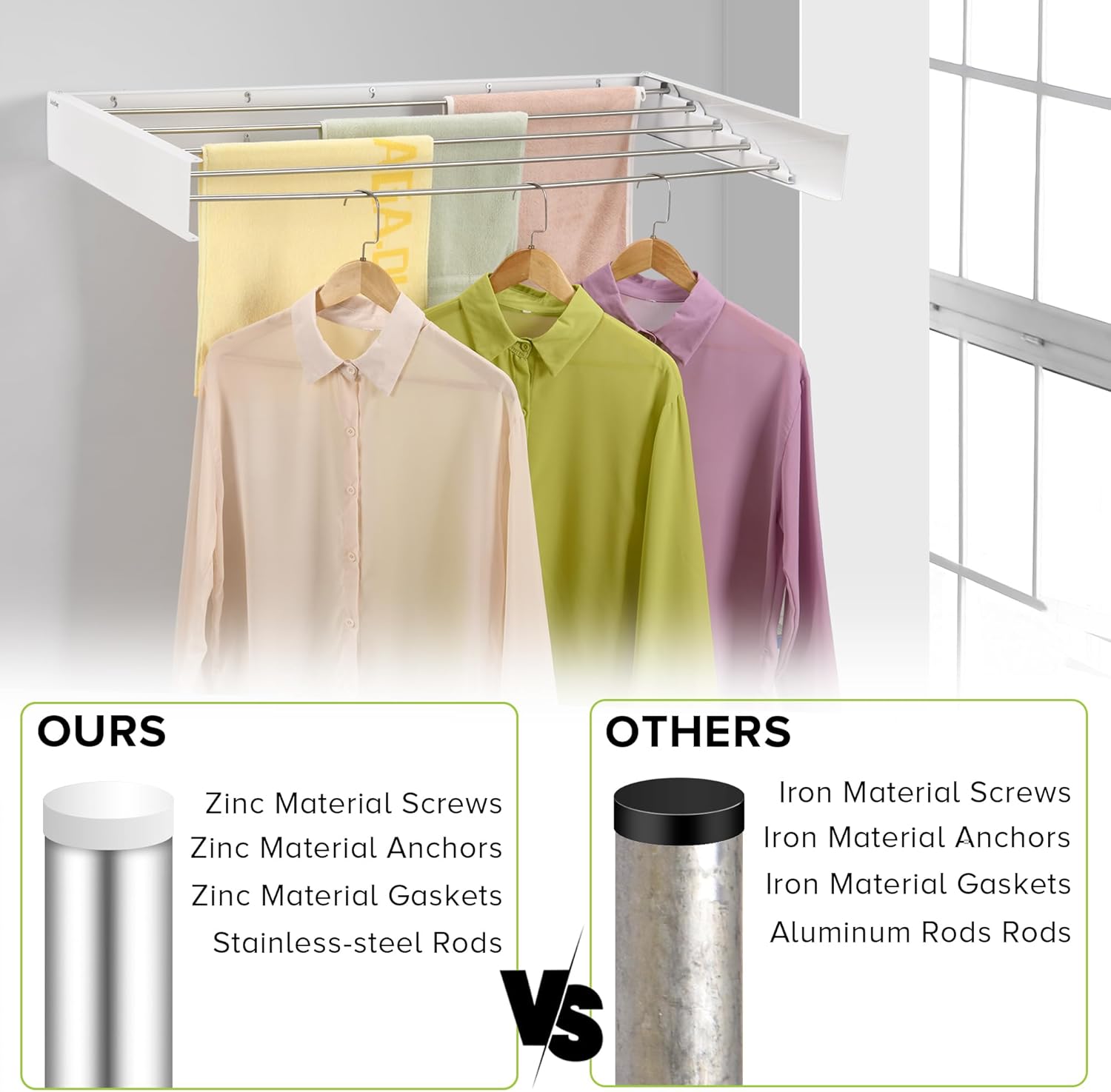 Wall Mounted Laundry Drying Rack, Retractable Clothes Drying Rack for Bathroom with Wall Template, 5 Stainless Rods Heaving 60 lb Capacity (White, 40")