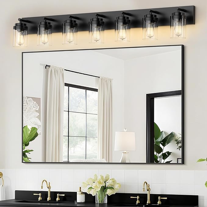 IZORRO Bathroom Vanity Light Fixture, 7-Light 51 Inch Matte Black Bathroom Light Fixtures Over Mirror, with Clear Glass Shade, Modern Farmhouse Vanity Lights, Rustic Restroom Lighting Fixtures