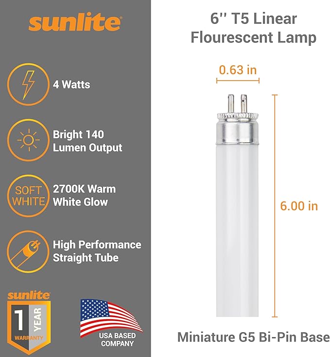 Sunlite 6-Inch F4T5/WW T5 Linear Fluorescent Lamp, 4 Watts, 140 Lumens, 2700K Soft White, Miniature G5 Bi-Pin Base, ROHS Compliant, High Performance Straight Tube, 10 Pack