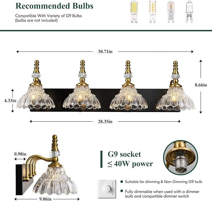 Vintage Bathroom Vanity Light, 4-Light Black Gold Vanity Lighting Fixture with Flower Glass Shade, Bathroom Lighting Fixtures Over Mirror