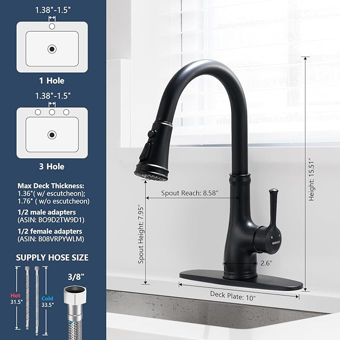 WEWE Vintage Kitchen Faucet with Pull Down Sprayer, Stainless Steel 1 or 3 Hole High Arc Single Handle Antique Sink Faucet for Classic Modern Ktichen, Matte Black