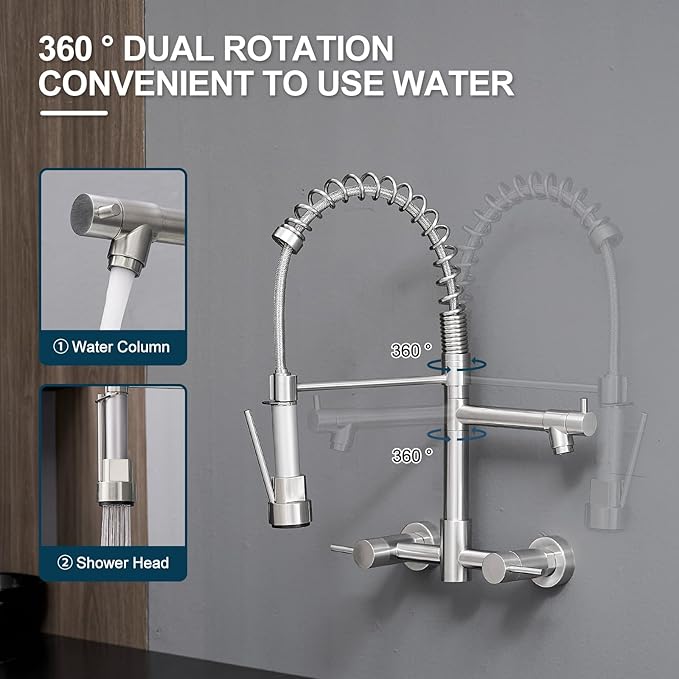 AIMADI Wall Mount Kitchen Faucet,Commercial Sink Faucet with Sprayer, Dual Handles Utility Sink Faucet for Kitchen Laundry Restaurant,Stainless Steel