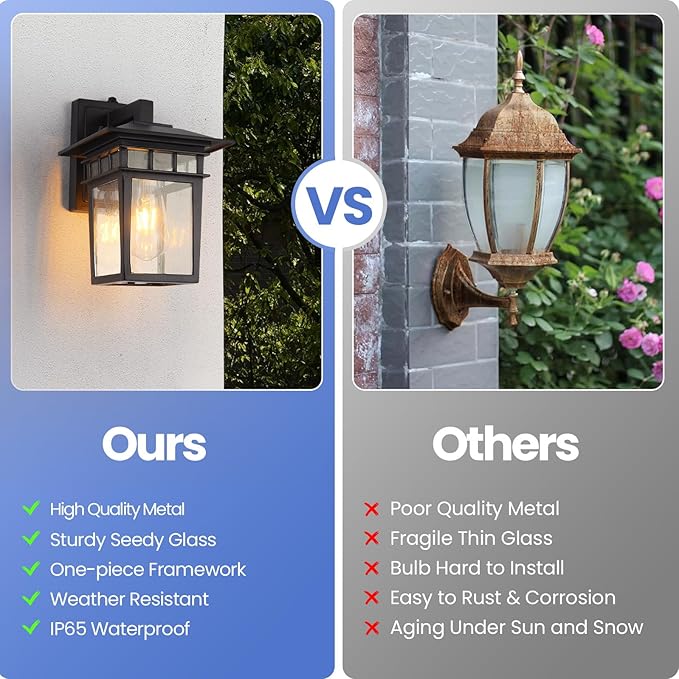 Outdoor Wall Lantern, Exterior Lighting Fixtures Wall Mount, 2 Pack Black Outdoor Sconce with Seeded Glass, Dusk to Dawn Exterior Porch/Patio Lights for House Front Door Garage