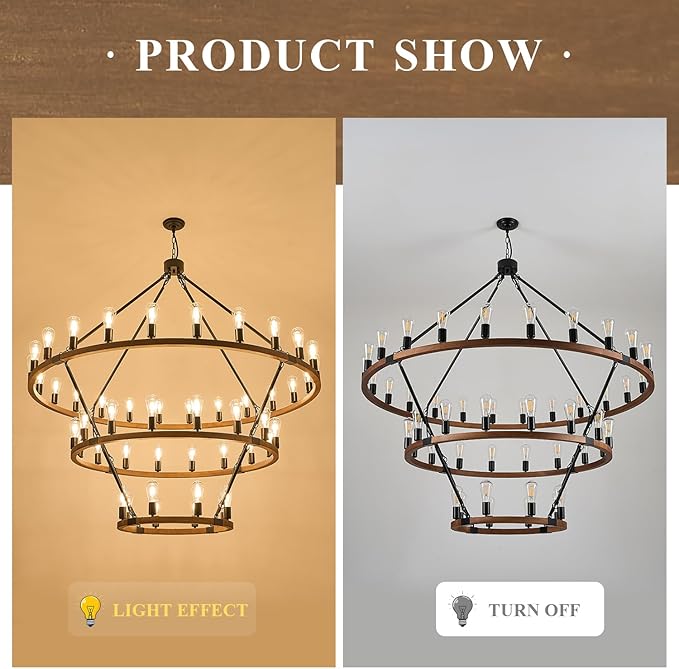 Extra Large 63'' Wooden Wagon Wheel Chandelier Farmhouse 3 Tier 48 Lights Black Rustic Round Wood Pendant Light Fixture for High Ceiling Living Dining Room Foyer Villa Staircases