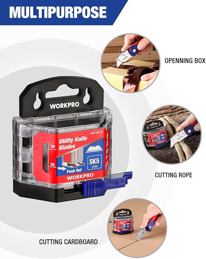 WORKPRO 50-Pack Utility Knife Blades with Dispenser, SK5 Steel Box Cutter, Standard Blades for Utility Knife Replacement