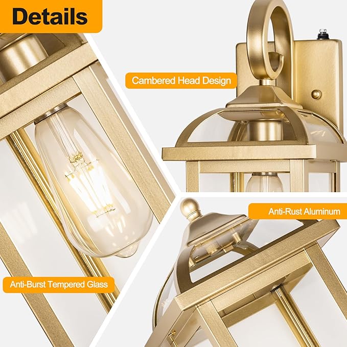 Large Dusk to Dawn Golden Outdoor Sconces 2-Pack, Anti-Rust Aluminum Brass Outdoor Light Fixtures Enclosed Bottom Exterior Lighting Wall Scones IP65 Waterproof Outside Wall Lanterns
