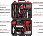 DEKOPRO Drill Set: Tool Set with 8V Red Cordless Drill, Home Tool Kit with Drill, Hand Tool Kits for Women 126 Piece