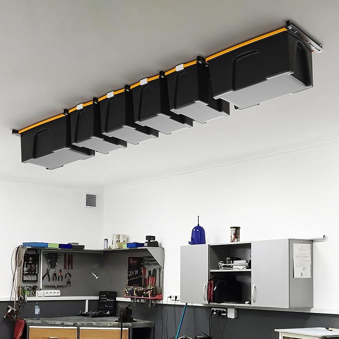 Ultrawall Overhead Garage Storage Rack, Heavy Duty Ceiling Storage Rack, 26 Inch Adjustable Ceiling Bin Storage System, 7 Sets for 6 Bins