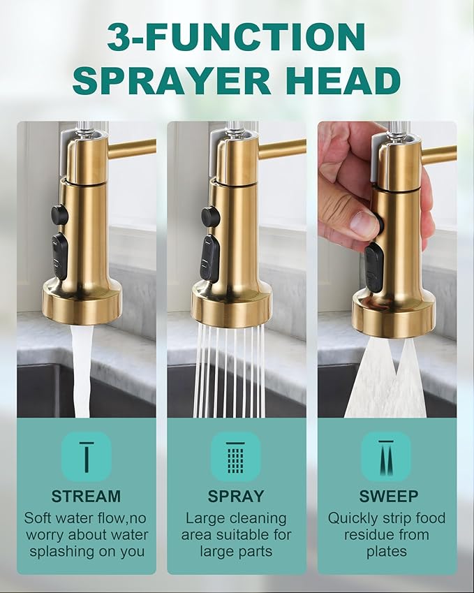 Kitchen Sink Faucet with Soap Dispenser: Brushed Gold Kitchen Faucets with Pull Down Sprayer - Stainless Steel Single Handle Kitchen Faucet with Deck Plate for Farmhouse RV Laundry
