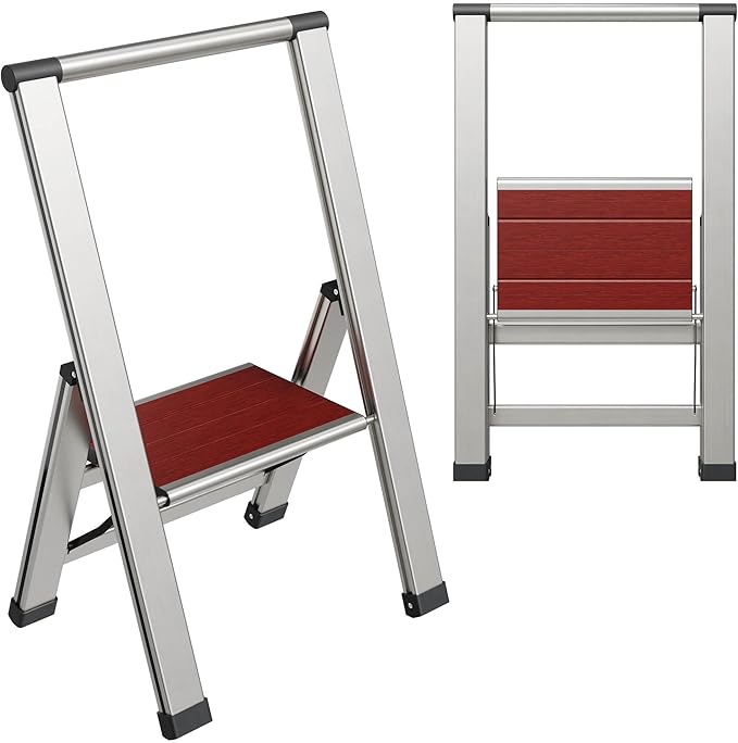 Step Ladder 1 Step Folding, Decorative - Beautiful Mahogany & Silver Aluminum, Ultra Slim Profile, Anti Slip Steps, Sturdy-Portable for Home, Office, Kitchen, Photography Use,by SORFEY