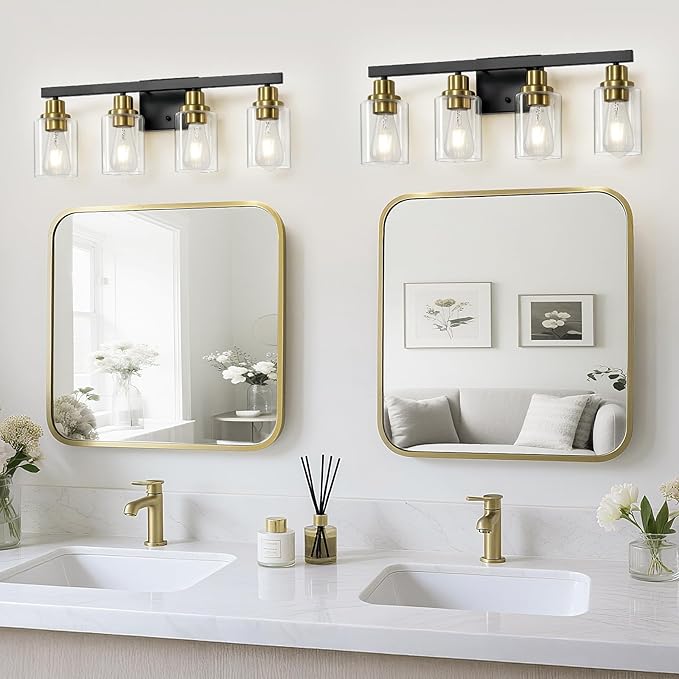 Bathroom Vanity Light, 4-Light Black and Gold Bathroom Light Fixtures with Clear Glass Shade, Bathroom Lighting Fixtures Over Mirror,Bath Black Wall Lights for Mirror Bedroom,Living Room