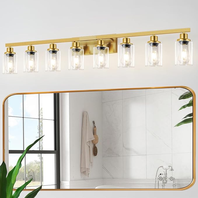 8 Light Gold Vanity Lights Over Mirror, 52inch Gold Bathroom Light Fixtures Modern Vanity Lights Gold Bathroom Wall Lighting for Mirror Bedroom,Living Room