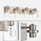 4 Light Vanity Light Brushed Nickel Bathroom Lighting Fixtures Over Mirror, Modern Bathroom Light with Clear Glass Shade, Farmhouse Vanity Lights