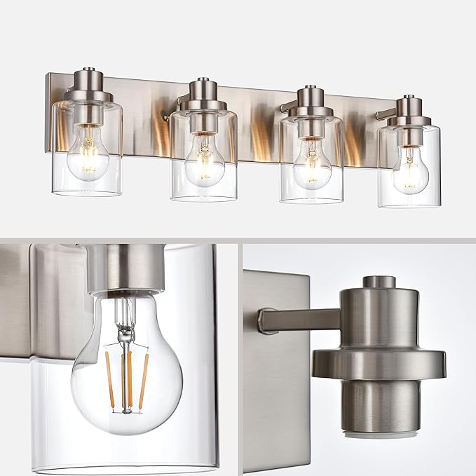 4 Light Vanity Light Brushed Nickel Bathroom Lighting Fixtures Over Mirror, Modern Bathroom Light with Clear Glass Shade, Farmhouse Vanity Lights