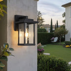 Outdoor Wall Sconce, Outside Porch Light Fixtures, Wall Mount Anti-Rust Exterior Wall Lights in Wood Grain Finish & Black Finish with Seeded Glass for Garage Doorway Entryway