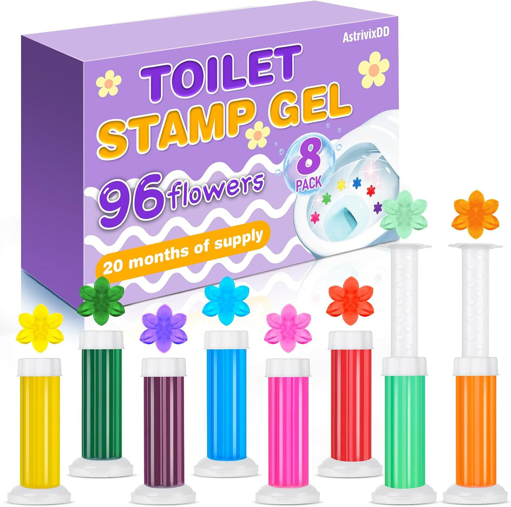 8 Pack Toilet Gel Stamp, 96 Stamps 8 Kinds Of Scent Toilet Bowl Cleaner Gel, Long-Lasting Flowers Shaped Bathroom Freshener, Keeps Toilet Fresh Fragrant and Clean