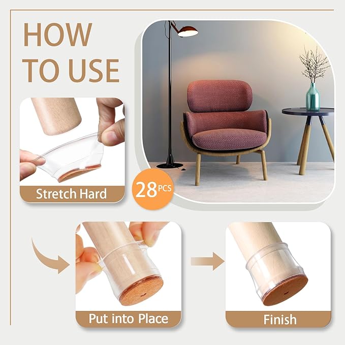 28Pcs Chair Leg Floor Protectors for Hardwood Floors Silicone Caps Felt Furniture Pads Covers Clear Chair Sliders, Protect The Floor from Scratches(Fit:1.3"-2")
