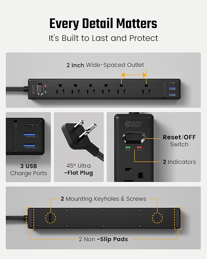 SUPERDANNY Flat Plug Surge Protector Power Strip, 6ft Ultra Thin Extension Cord with 3 USB (1 USB C Port), 6 Outlets Charging Station, Wall Mountable Outlet Extender for Home Office, College Dorm Room