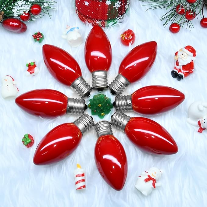 25 Pack C9 Red Replacement Bulbs, C9 Christmas Lights Red Ceramic Incandescent Bulbs for Vintage Christmas Lights Indoor and Outdoor Decorations, E17 Candelabra Base, 7 Watts Night Light Bulbs