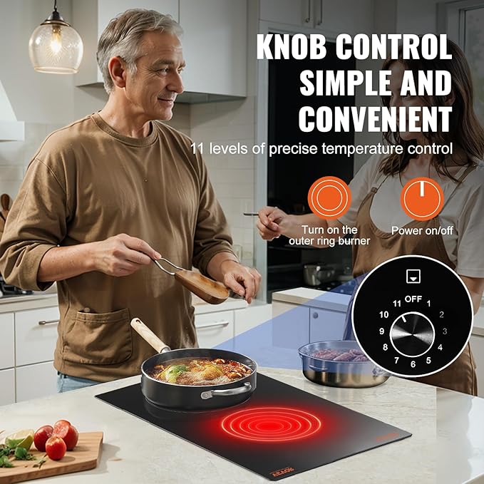 VEVOR Electric Ceramic Cooktop, Built-in Electric Stove Top, with Glass Panel, Knob Control, 11 Heat Levels, for Diverse Cooking Requirements (12inch-2burners/220V)