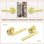 1 Pack Gold Passage Door Handle, Brass Interior Door Knob for Closet and Hallway, Knurled Reversible Non-Locking Door Lever