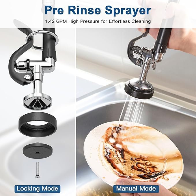 Height Adjustable Commercial Sink Faucet: BESTJEEF (25-32 inch) 8 inch Center Wall Mount Industrial Kitchen Faucet with Pre Rinse Sprayer - Ideal for Restaurants Cafes Bakery Canteens Cafeterias