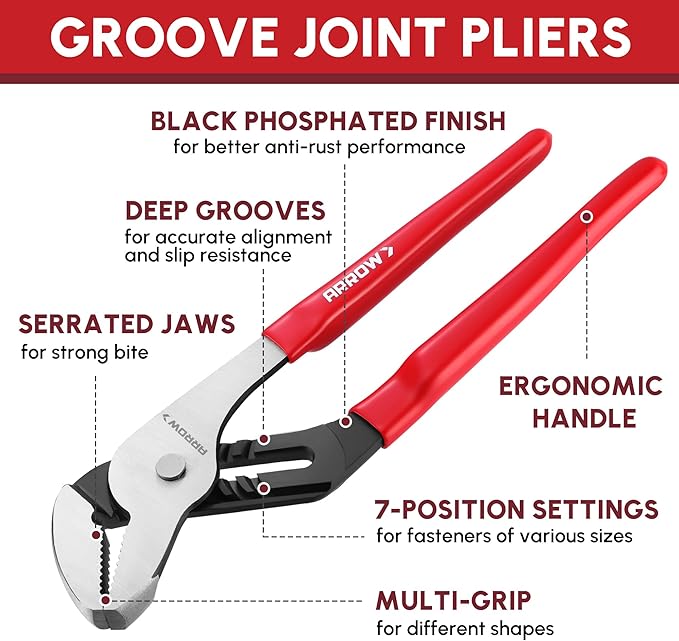 ARROW Groove Joint Pliers, 10" Adjustable Water Pump Pliers with 7 Jaw Positions, Serrated Jaws and Comfort Dip-grip Handle, Ideal for Plumbing Repair and Home Maintenance