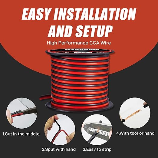 18Gauge 50FT Electrical Wire Cable Flexible Wire Extension Cord 18AWG Copper Clad Aluminum Copper Wire 2 Conductors Red Black Parallel Wire line Hookup LED Lighting Strips 12V/24V DC Cable