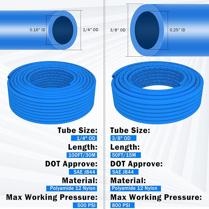 CheeMuii 76 PCS Brass DOT Air Line Fittings with 100FT 1/4" and 50FT 3/8" Blue DOT Air Lines Kit Push Lock Air Line Quick Connect Fittings with Pneumatic Tubing Set
