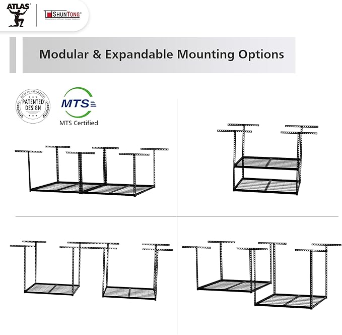The Atlas 4 x 8 ft Adjustable Height Overhead Garage Storage Rack 900 lbs Heavy Duty Capacity Hammertone Finish