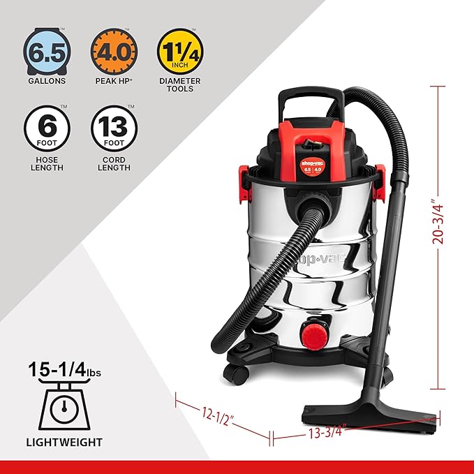 Shop-Vac 6.5 Gallon 4.0 HP Wet/Dry Vacuum with Blower Function, Stainless Steel Tank, Portable Shop Vacuum with Wheels, Includes Filters, Hose & Accessories, Ideal for Garage and Workshop