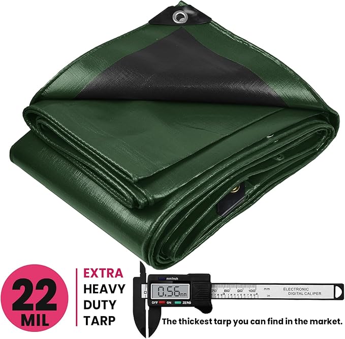 PROTARP Extreme Heavy Duty 22 Mil Tarp Cover, Waterproof, UV Resistant, Rip and Tear Proof, Poly Tarpaulin with Reinforced Edges for Roof, Camping, Patio, Pool, Boat. (Green/Black 30′ X 30′)