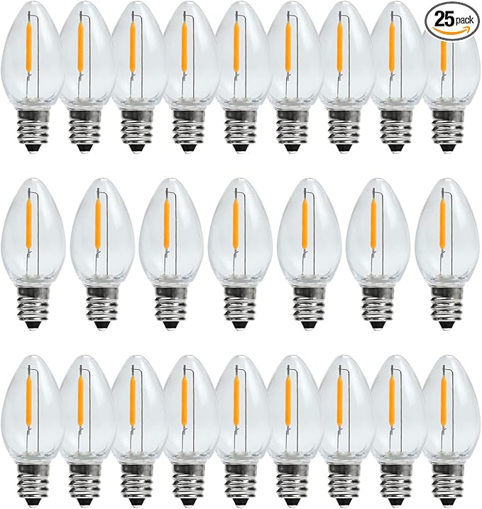 C7 Christmas Led Light Bulb, C7 Replacement Night Light Bulb, 0.6W Equivalent 7W Incandescent Bulb, Warm White 2200K, E12 Standard Base, Clear Plastic, 25Pack
