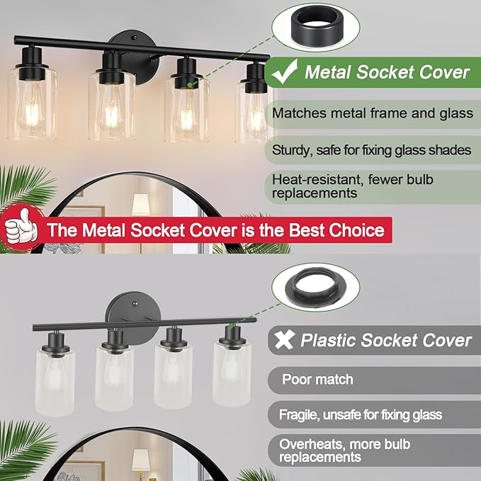 4-Light Bathroom Light Fixtures, Matte Black Modern Vanity Lights Over Mirror with Clear Glass Shade, Bathroom Wall Lamp for Mirror Kitchen Living Room Hallway Cabinet Porch Bedroom Reading room
