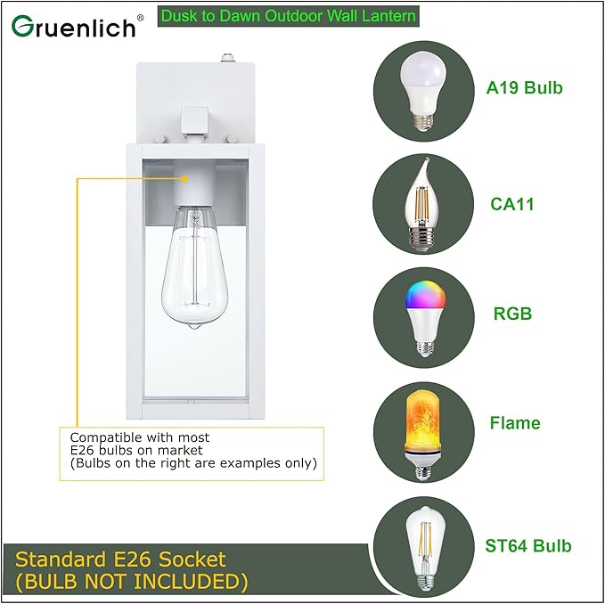 GRUENLICH Dusk to Dawn Large Outdoor Wall Lantern, Wall Sconce as Porch Lighting Fixture, E26 Base Max 60W, Metal Housing with Glass Shade (White, 1-Pack)