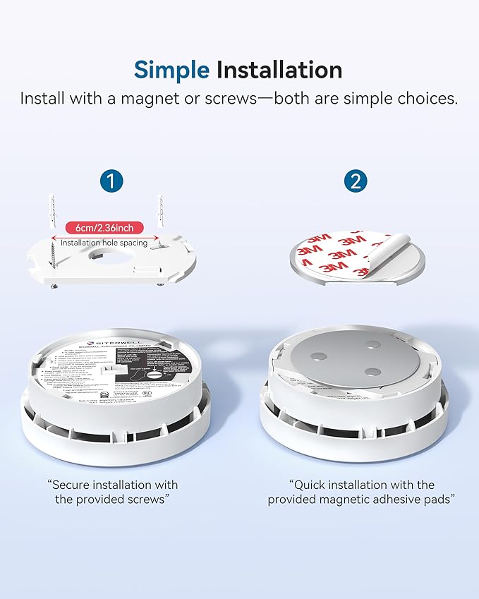 SITERWELL Smoke Detector, Smoke Detector 10 Year Battery with Photoelectric Sensor, Fire Alarm with Low Battery and Fault Warning for House and Bedroom, UL217-9th Listed, GS525A, 5 Packs