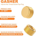 GASHER 30Pcs Brass Hex Plug Pipe Fitting, 1/8" NPT Male Pipe Plug Fitting For Closing The End Of Pipe