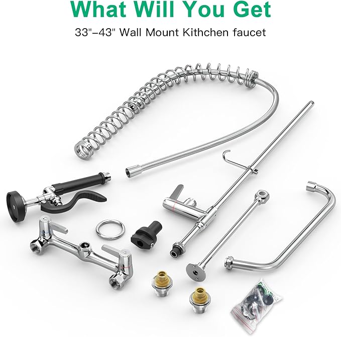 Commercial Sink Faucet with Pre-Rinse Sprayer -Height Adjustable (33-43 inch) Wall Mount Industrial Kitchen Faucet 8 inch Center with Pre-Rinse Sprayer and 12 Inch Swivel Spout