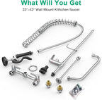 Commercial Sink Faucet with Pre-Rinse Sprayer -Height Adjustable (33-43 inch) Wall Mount Industrial Kitchen Faucet 8 inch Center with Pre-Rinse Sprayer and 12 Inch Swivel Spout