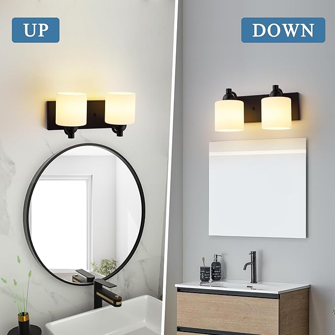 Milk Glass Vanity Lights for Bathroom, 2 Light Matte Black Bathroom Light Fixtures Over Mirror, Ceramic E26 Sockets Wall Mounted